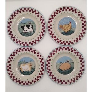 Tienshan Folk Art Dessert Salad Plates- Animals Checkered Rim 8" Set of 5